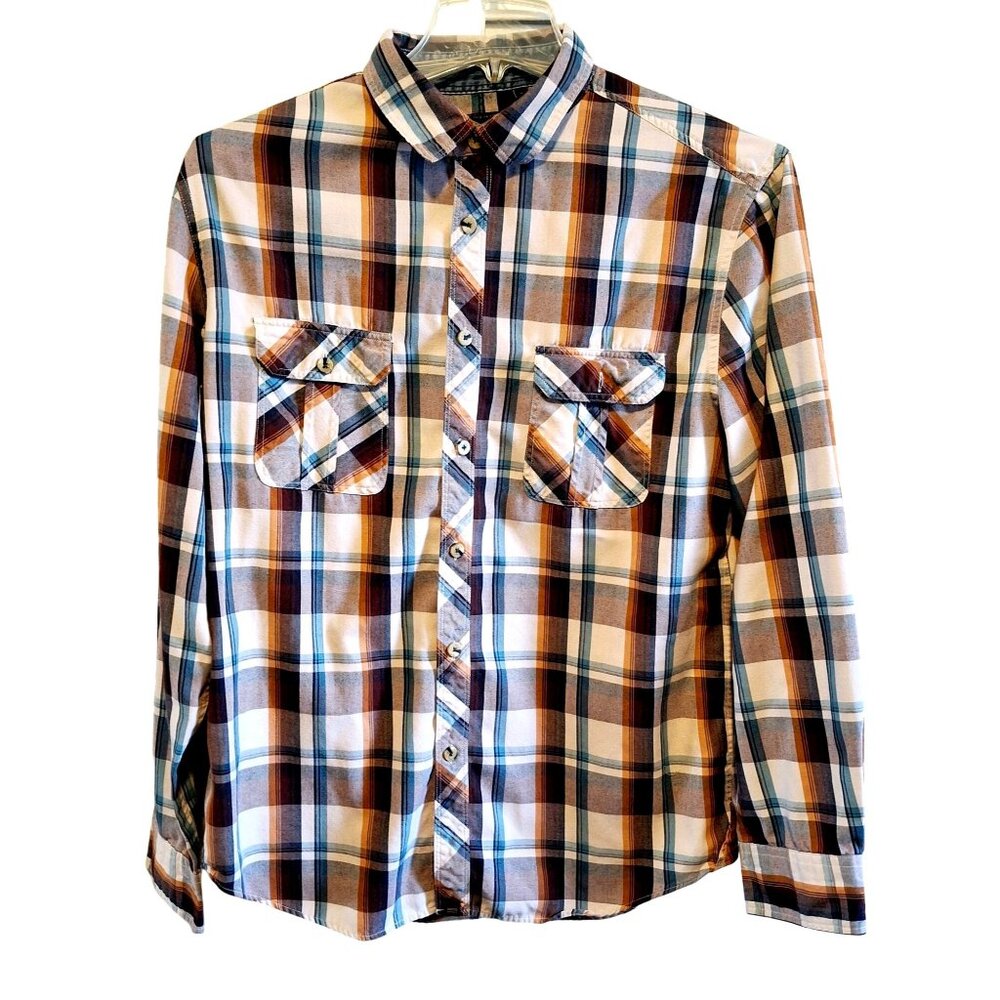 Plaid Button-Up Shirt By Various Artists Size M Brown & Blue Cotton/Polyester Bl